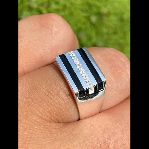 Men's Solid 925 Silver Black Onyx Ring W. Man Made Diamonds Iced Hip Hop Pinky